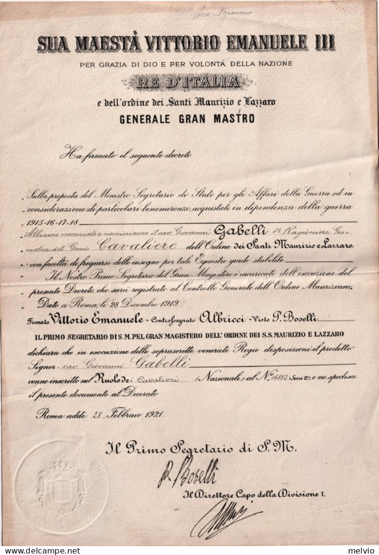 1919-Decreto Di V.E.III^re D'Italia E Dell'ordine Dei Santi Maurizio E Nazzaro G - Decrees & Laws
