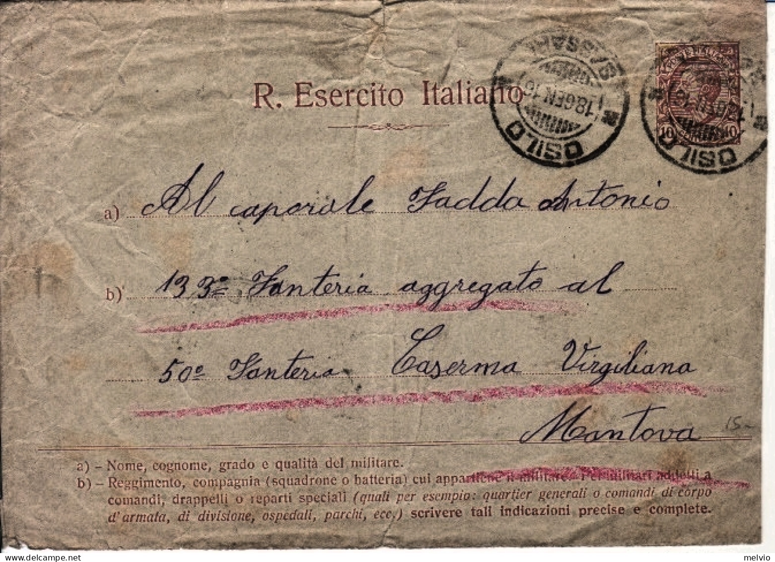 1916-BUSTA LETTERA REGIO ESERCITO C.10 Viaggiata OSILO(18.6) - Marcophilie