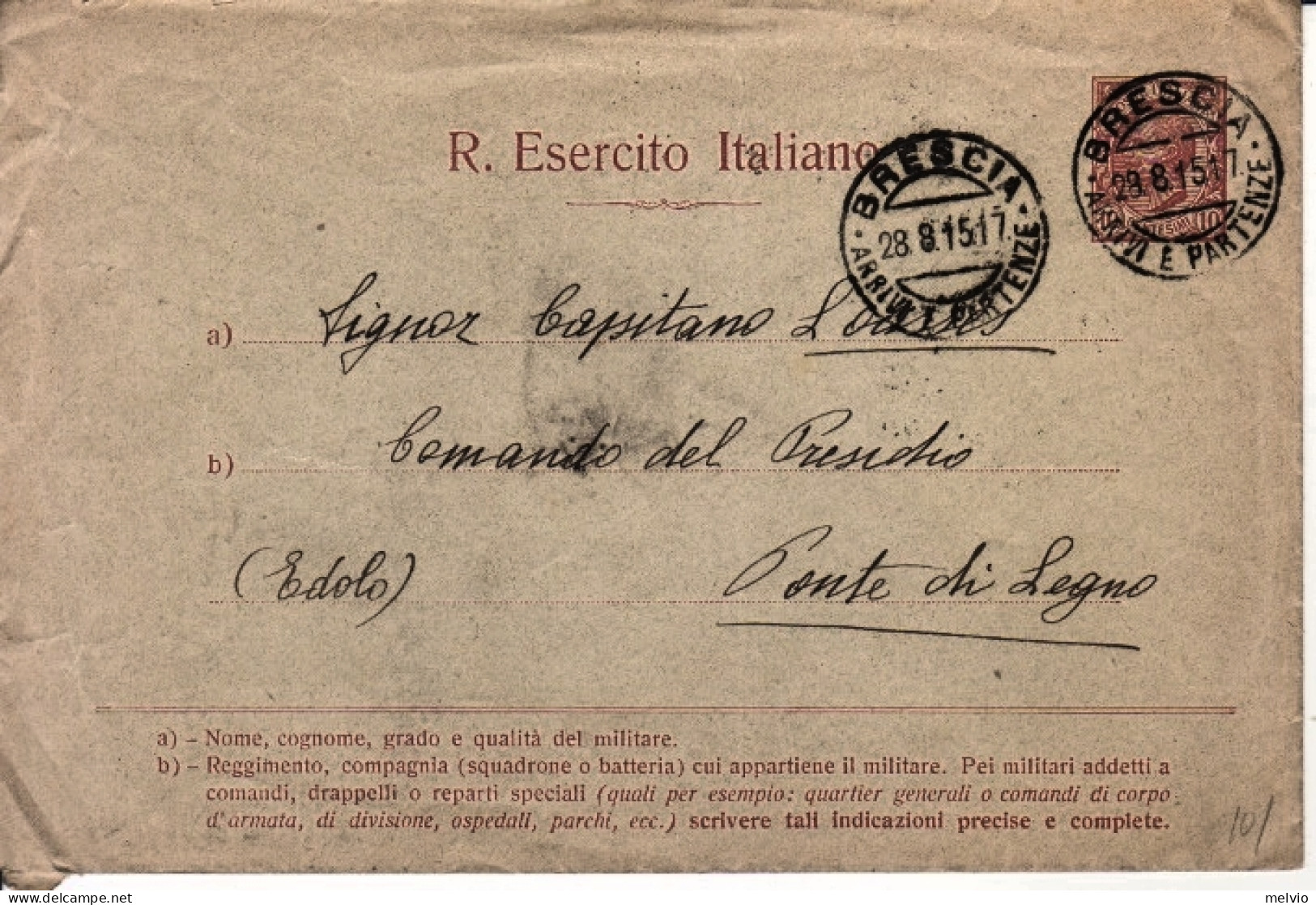 1915-BUSTA POSTALE REGIO ESERCITO C.10 Viaggiata Brescia (28.8) - Marcophilie