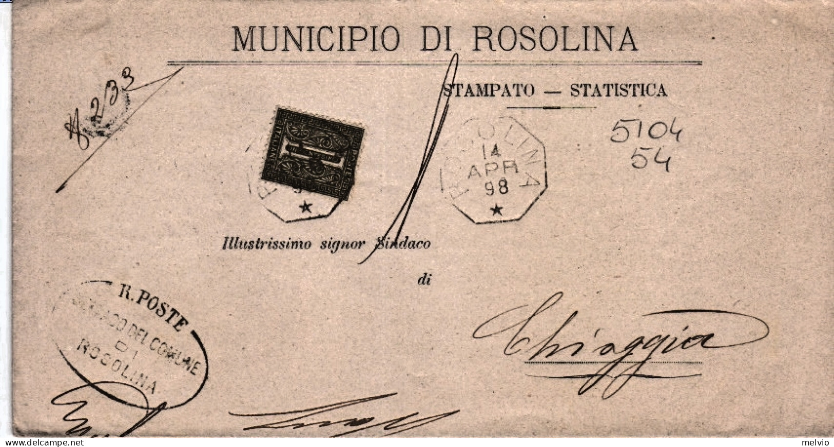 1898-ROSOLINA Annullo Quadrato Di Collettoria (14.4) Su Piego Affrancato C.115 - Marcophilie