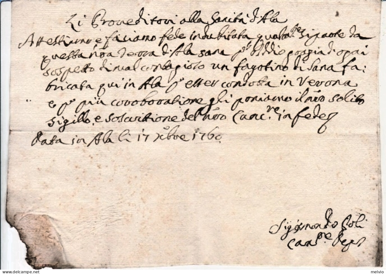1700 FEDE DI SANITA' Rilasciata Ad Ala Il 17 Settembre, Segni Di Fumigazione - Historische Documenten