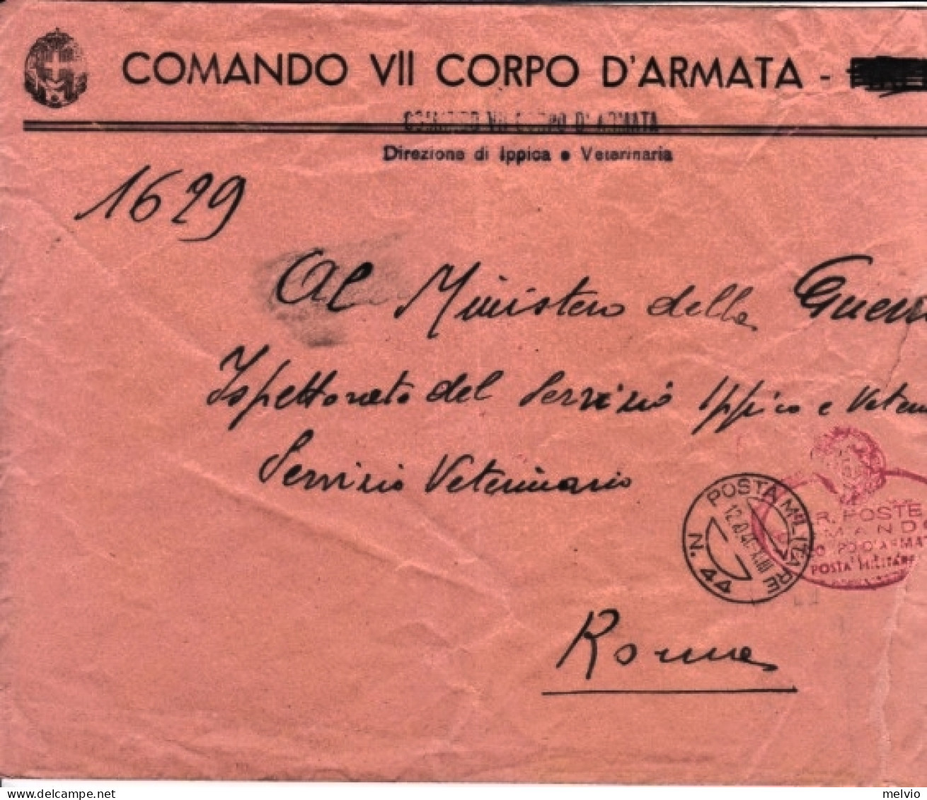 1940-Posta Militare/n.44 C.2 (12.10) Su Busta Di Servizio Piega Centrale - Marcophilie