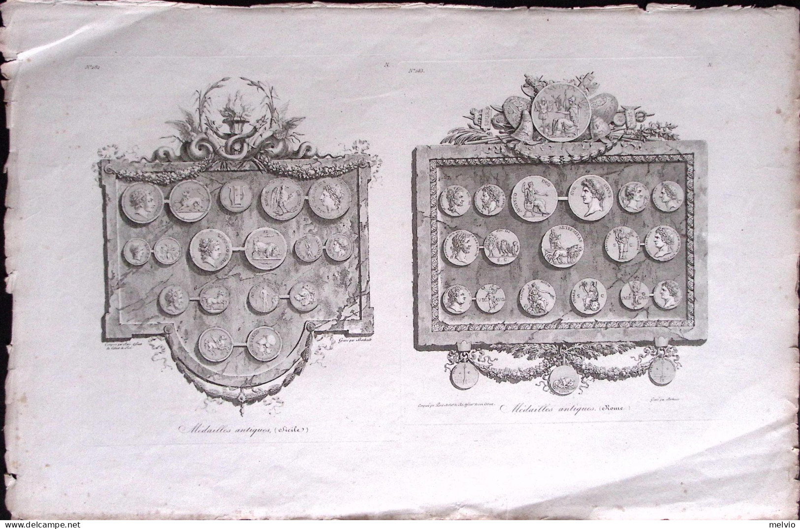 1790circa-Medailles Antiques (Rome Sicile) Incisione Su Rame Di Berthault Dim.40 - Estampas & Grabados