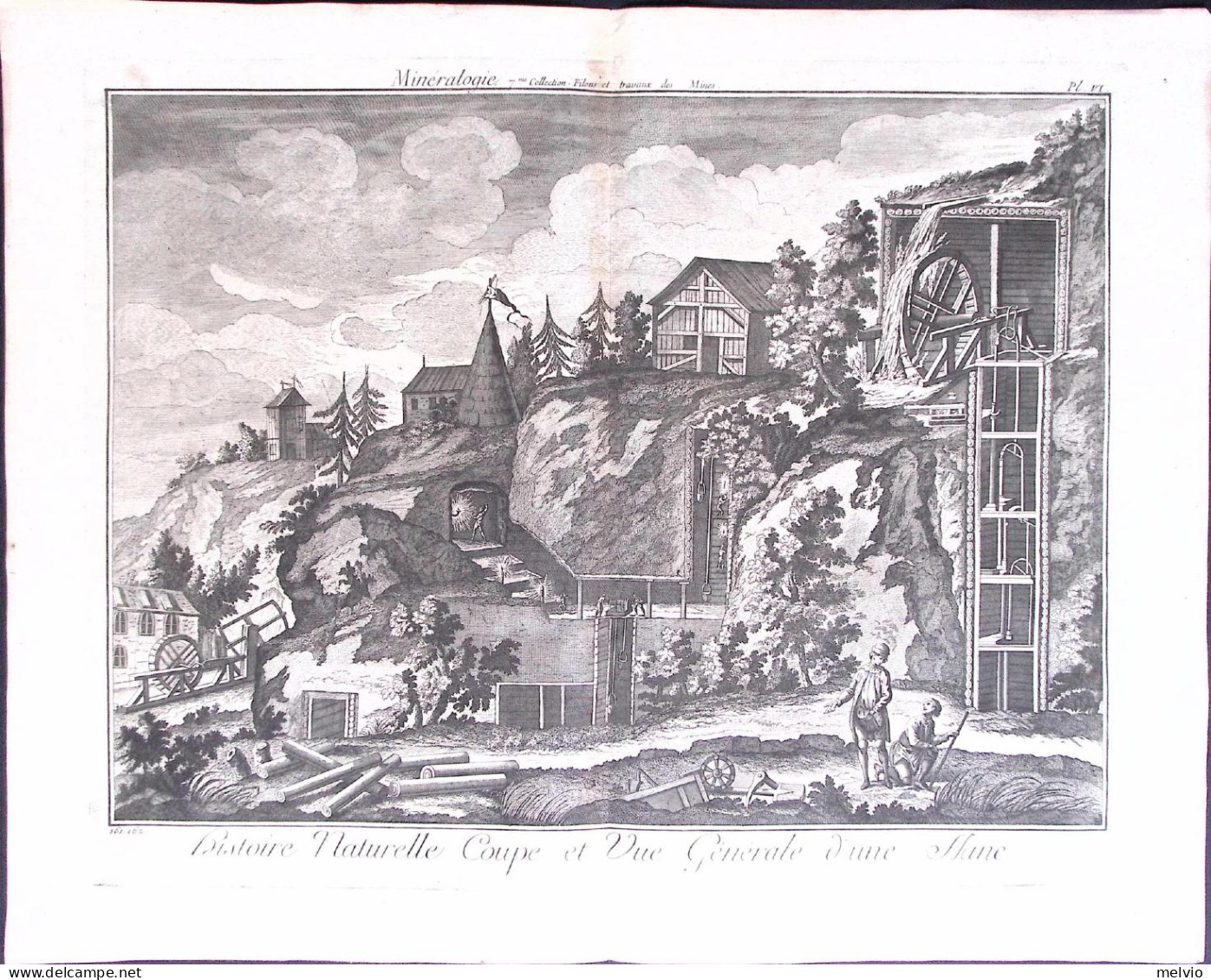 1760ca.-Coupe Et Vue Generale D'une Mine Incisione Originale Tratta Da L'Encyclo - Estampas & Grabados