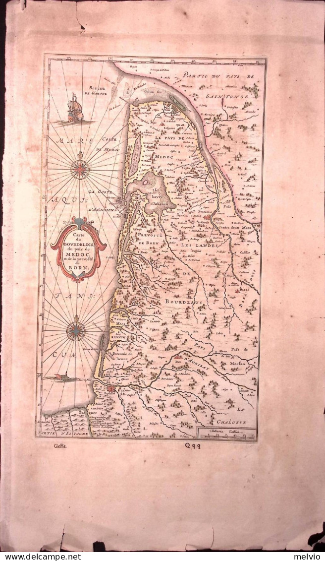1640circa-Carte Du Bourdelois Du Pais De Medoc Et De La Prevoste' De Born Colori - Geographische Kaarten