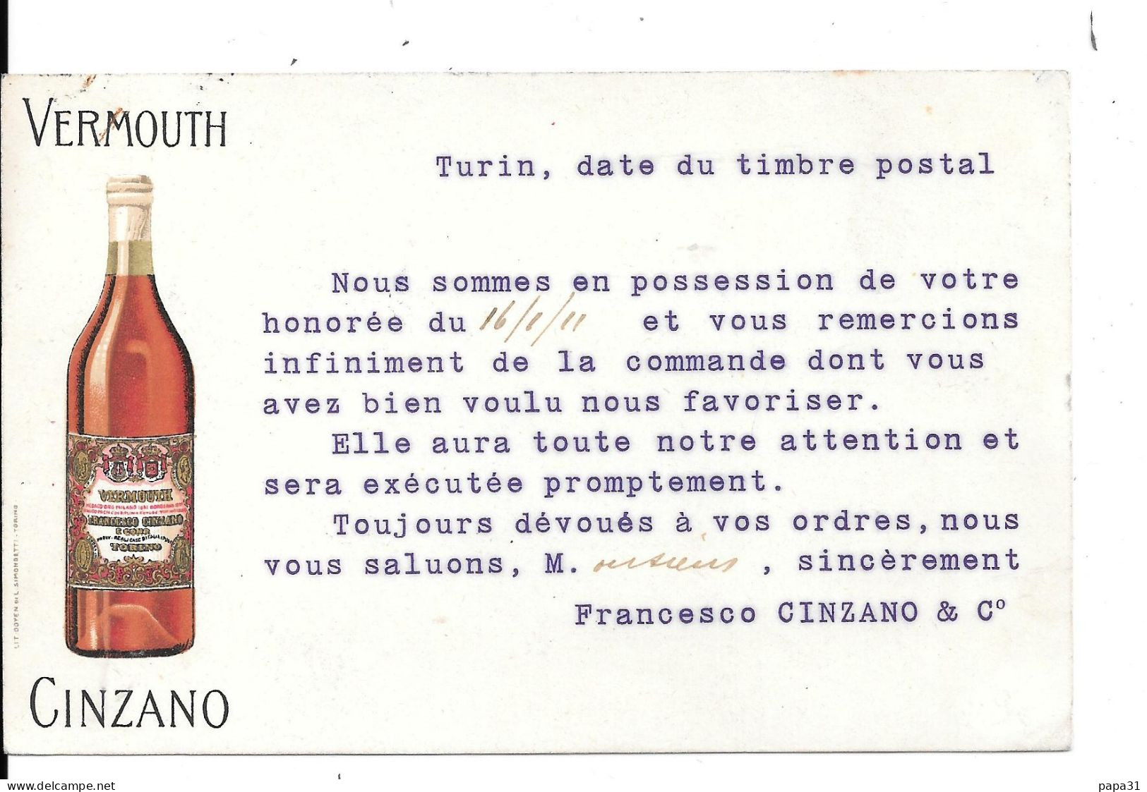 VERMOUTH CINZANO -  Cate De Remerciment De Francesco CINZANO & Ce  (Italie) - Publicité