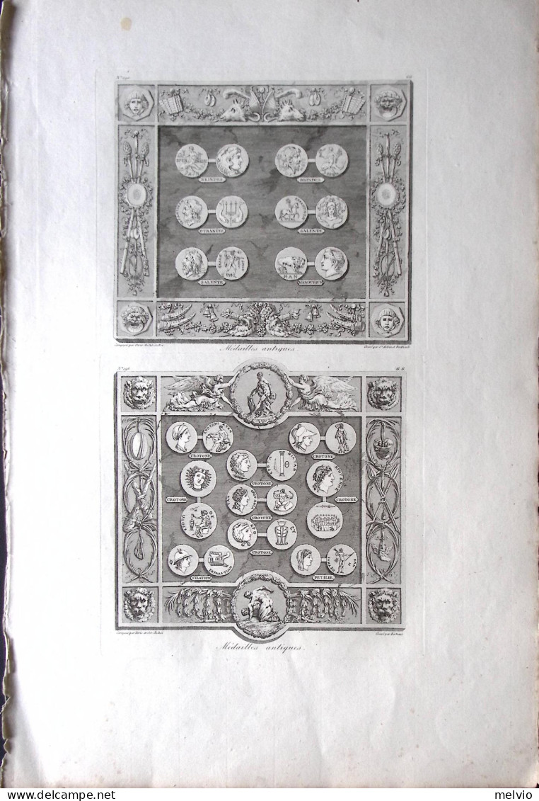 1790circa-Medailles Antiques Incisione Su Rame Di Berteaux Dim.40x20cm. - Stiche & Gravuren