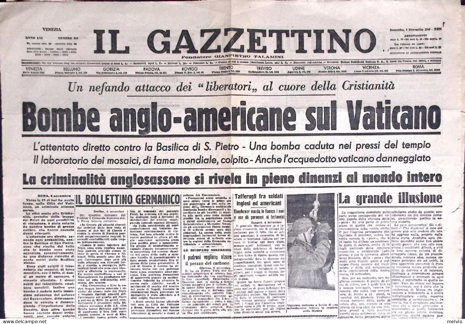 1943-Edizione Del 1 Novembre Del Gazzettino Di Verona Con Titolo "Bombe American - Sonstige & Ohne Zuordnung