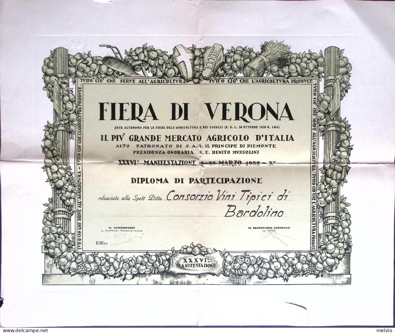 1932-Fiera Di Verona XXXVI Edizione Diploma Rilasciato Al Consorzio Vini Bardoli - Prints & Engravings