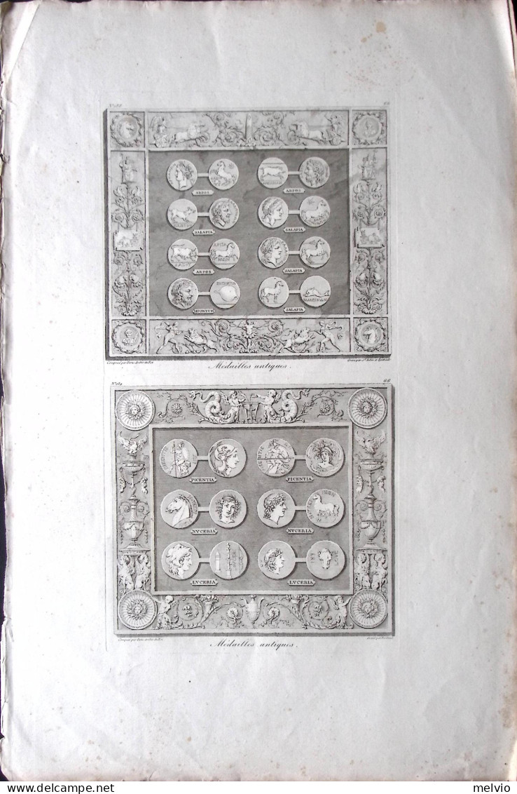 1790circa-Medailles Antiques Incisione Su Rame Di Berthault Dim.40x20cm. - Stiche & Gravuren