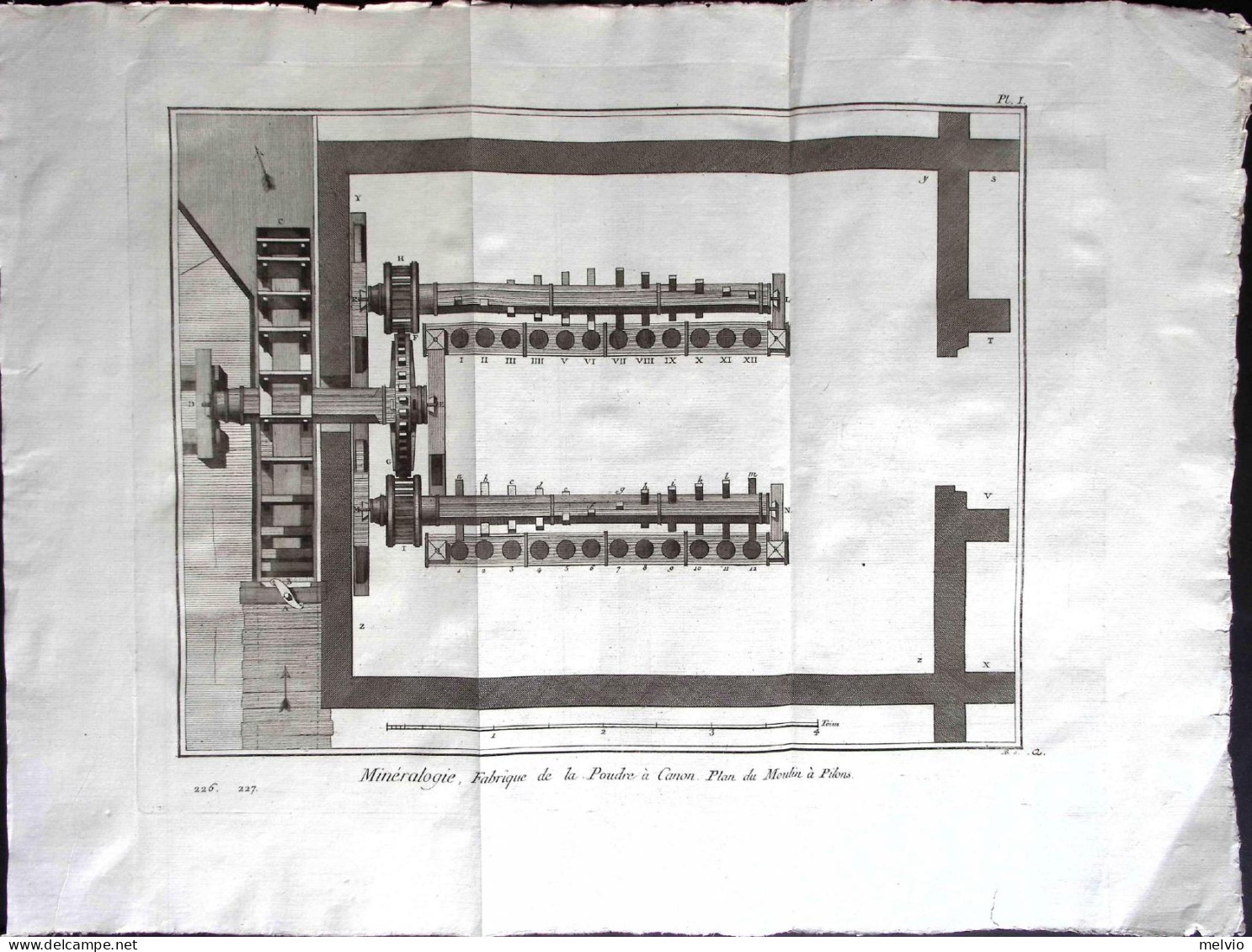 1760ca.-Mineralogie,Fabrique De La Poudre A Canon Plan Du Moulin A Pilonse Ncisi - Estampes & Gravures