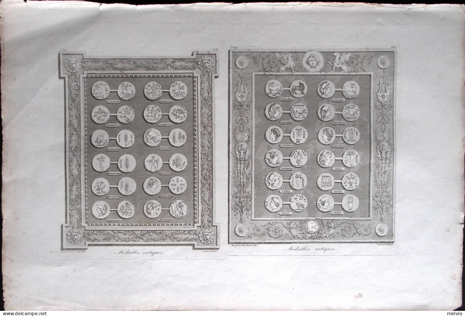 1790circa-Medailles Antiques Incisione Su Rame Di Berthault Dim.40x20cm. - Stiche & Gravuren