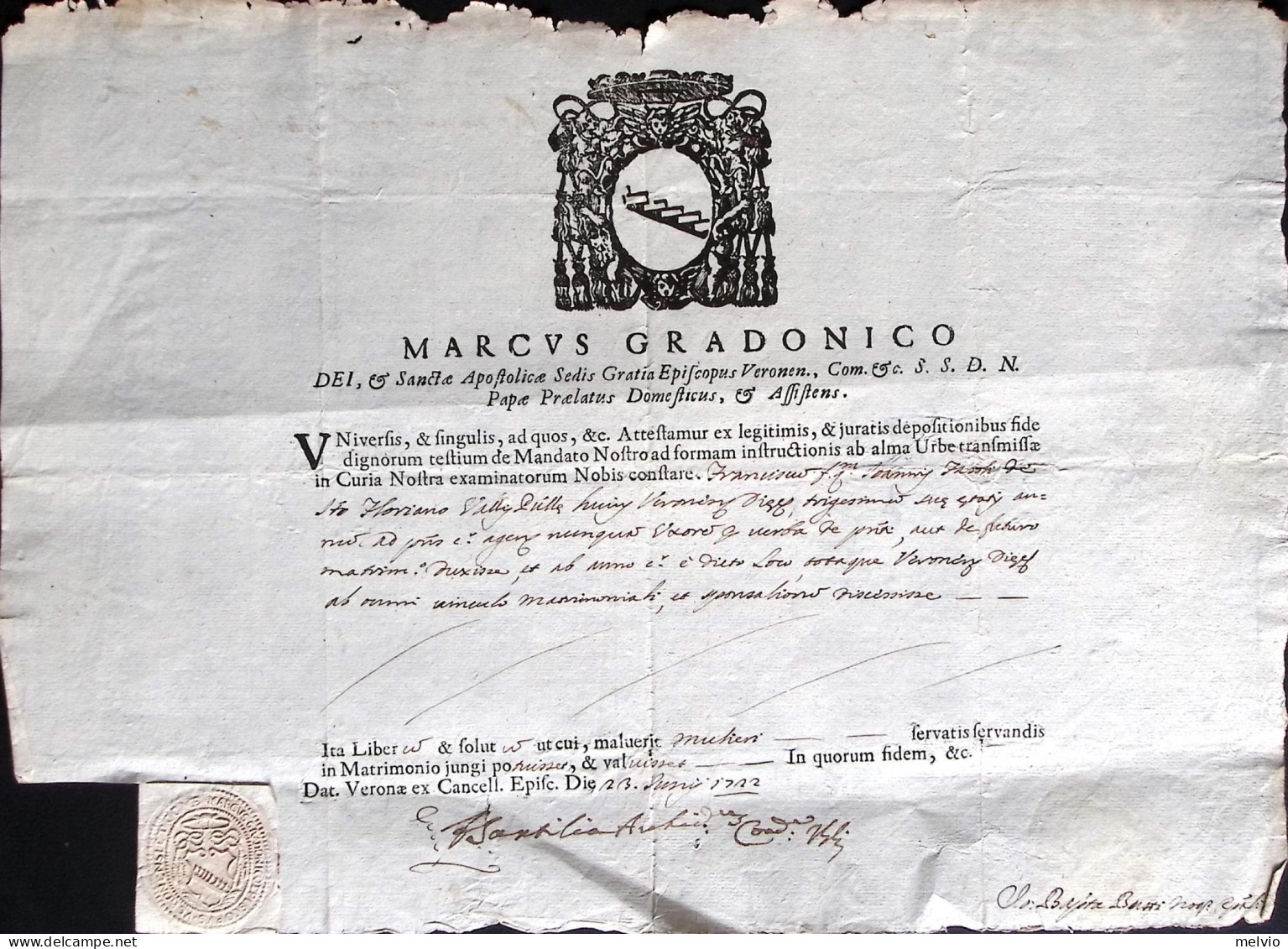1722-Verona Documento Con Sigillo A Secco Del Vescovo Marcus Gradonico - Historical Documents
