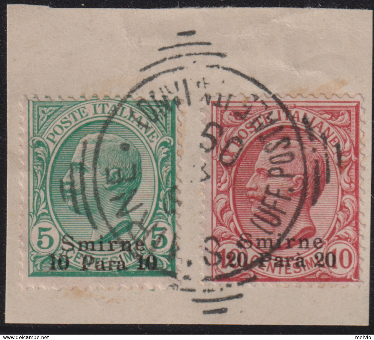 1909-Smirne (F=on Piece) 10pa.su 5c.+ 20pa.su 10c. Annullo Completo - Bureaux D'Europe & D'Asie