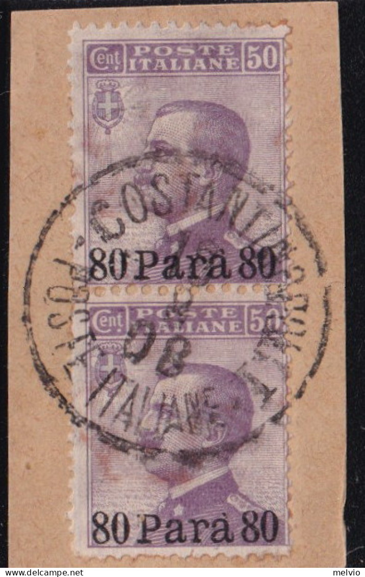 1908-Levante (F=on Piece) Coppia 80pa. Su 50c. Con Annullo Completo - Europa- Und Asienämter