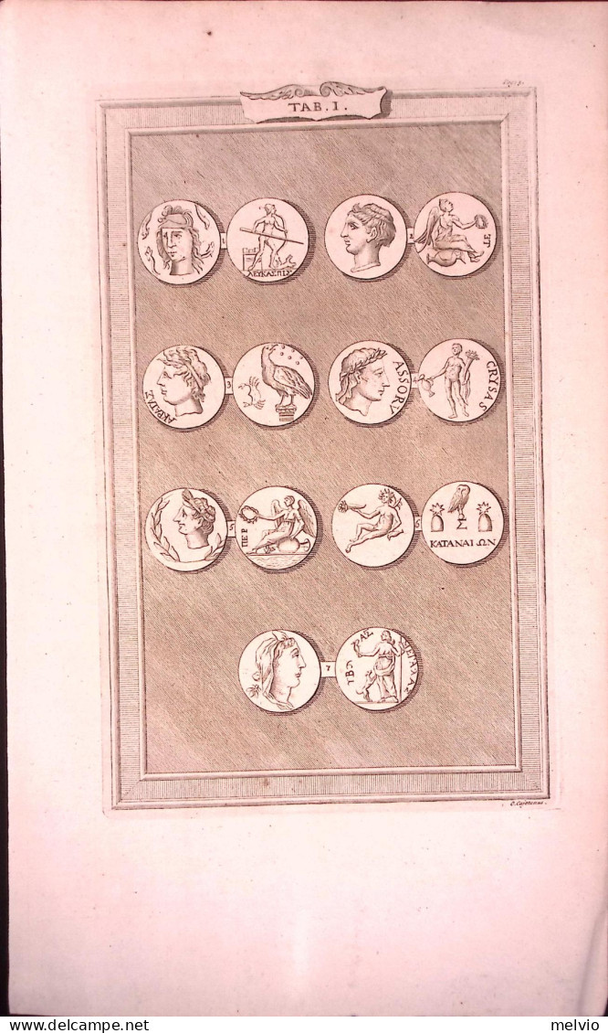 1790circa-Medailles Antiques Tab.I Incisione Su Rame Di Caietanus Dim.40x20cm. - Stiche & Gravuren
