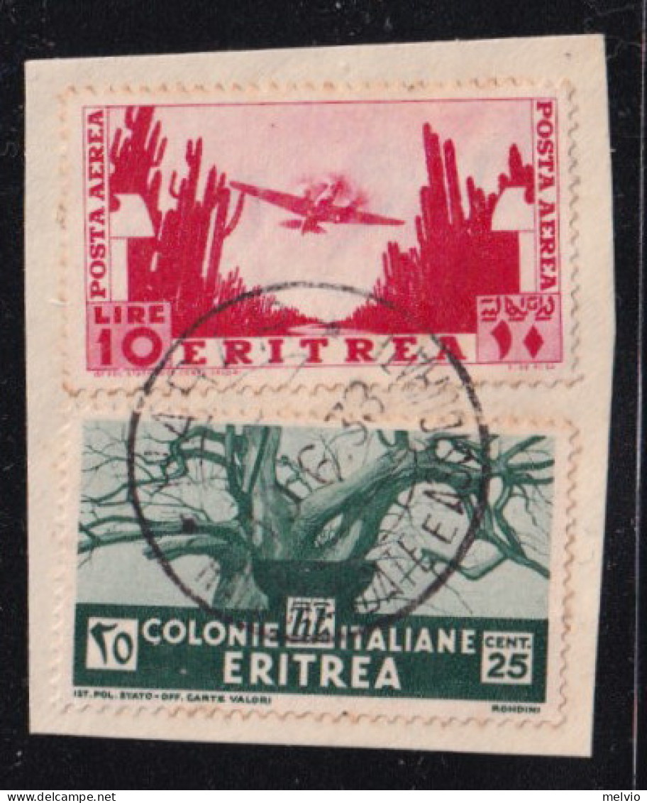 1933-Eritrea (F=on Piece) 25c. + Posta Aerea L.10 Annullo Completo - Eritrea