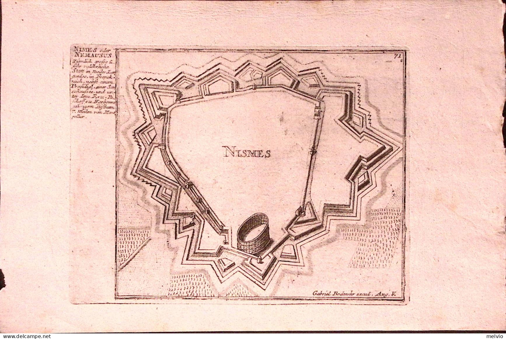 1720-Francia Nimes/Nismes Dept. Gard Incisione In Rame Di G.Bodenehr Dim.16x21 C - Landkarten