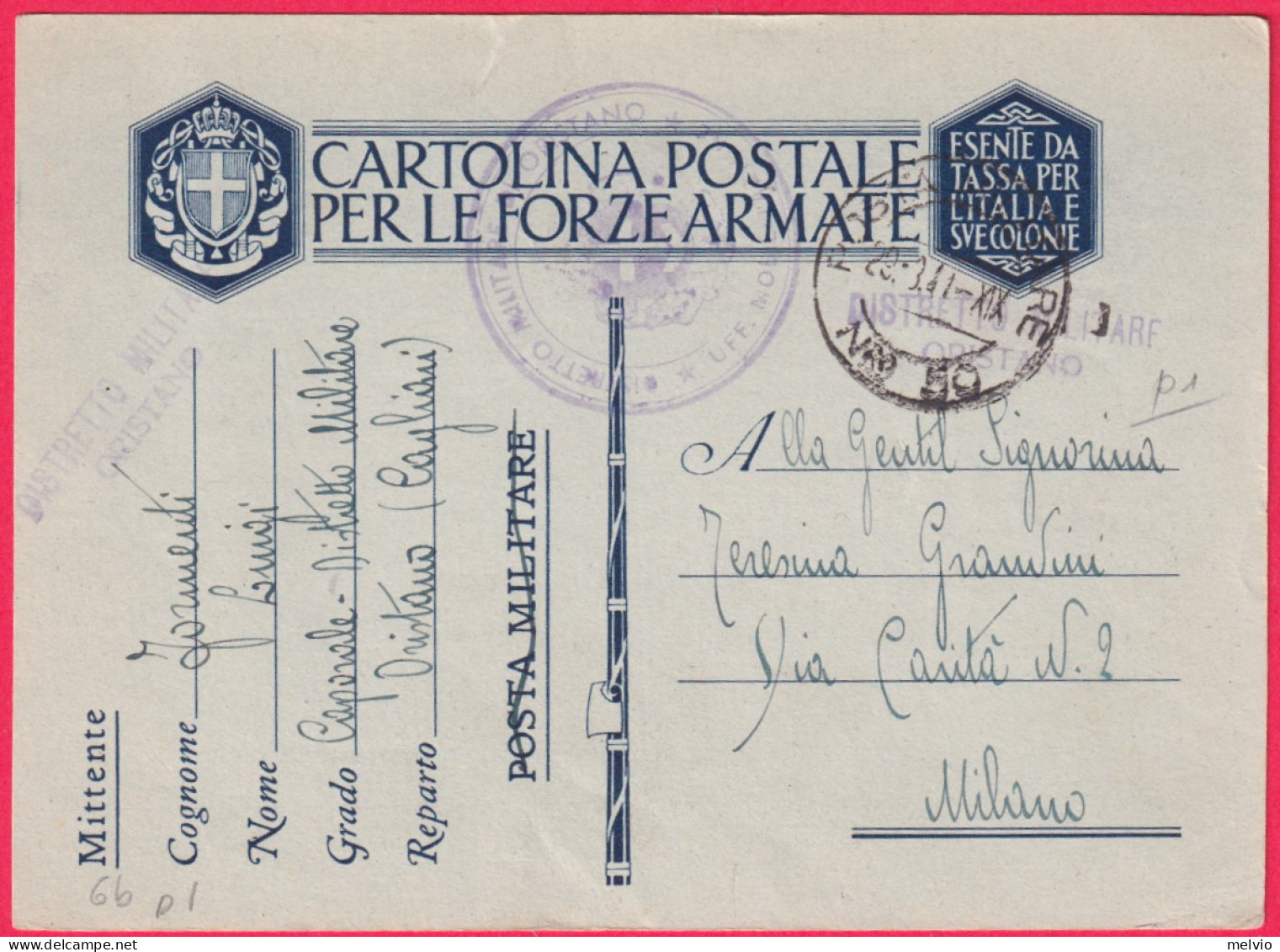 1941-CF Posta Militare N.50 Del 29.3 Bollo Uff.Mobilitazione Oristano - Marcophilie