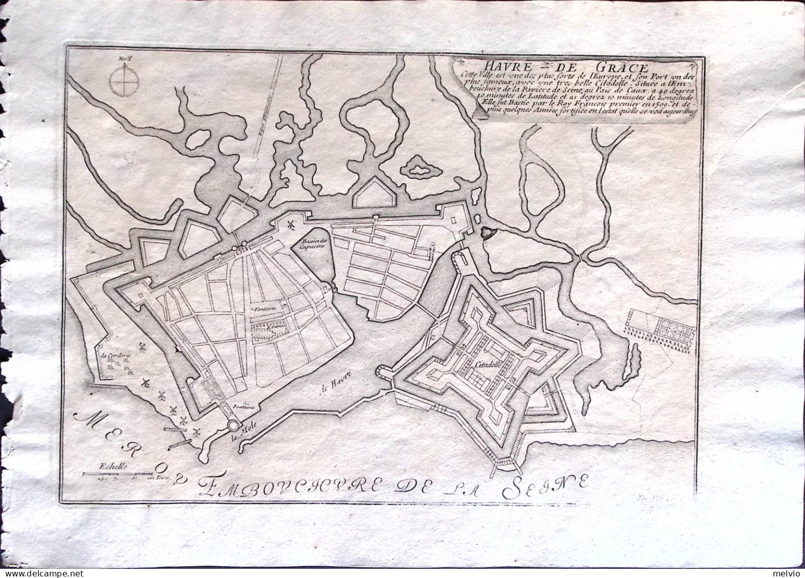 Havre De Grace-1705 De Fer Nicolas Incisione Su Rame Dim.35x24 Cm. Forellino Di  - Estampes & Gravures