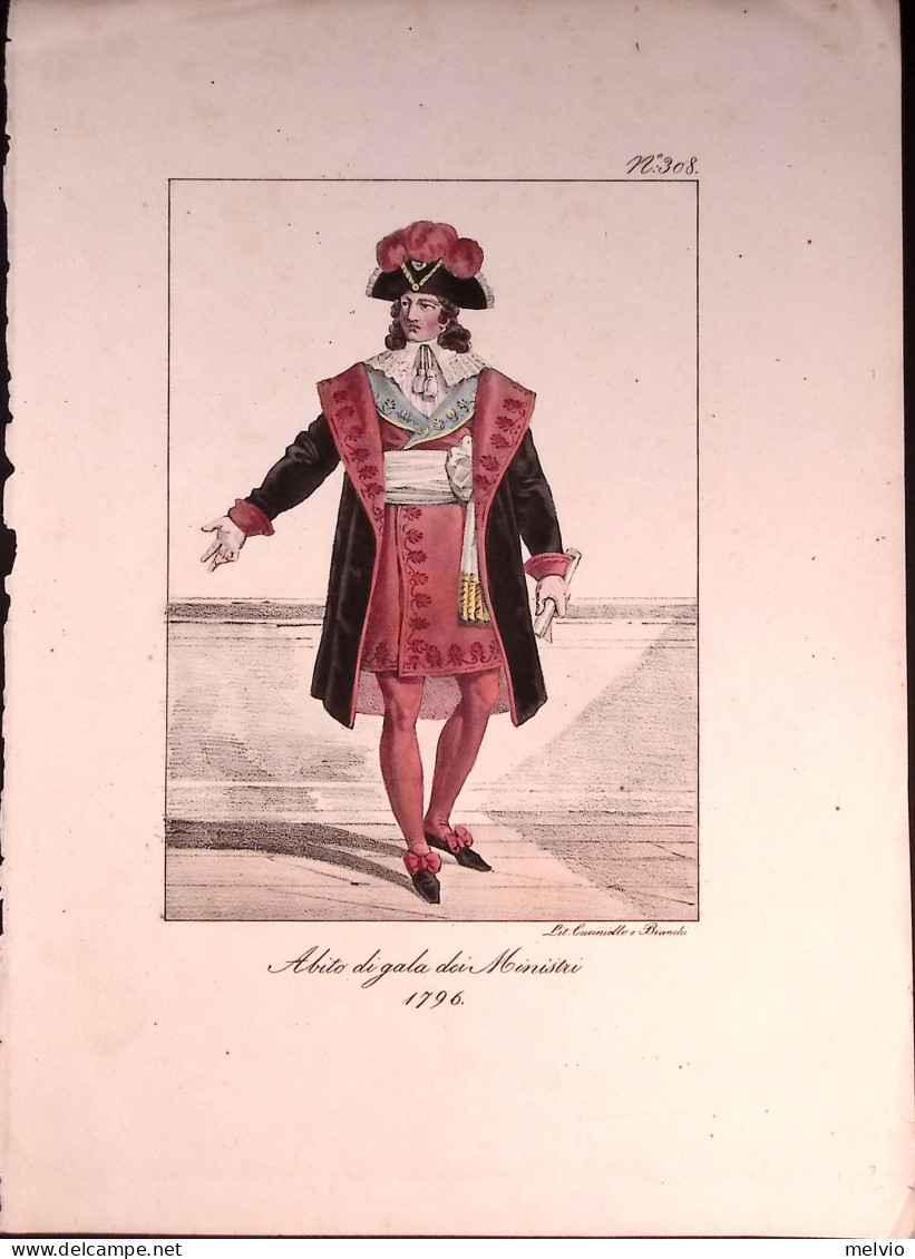 1827ca.-Napoli "Abito Di Gala Dei Ministri 1796" Tavola Litografica Con Coloritu - Estampes & Gravures