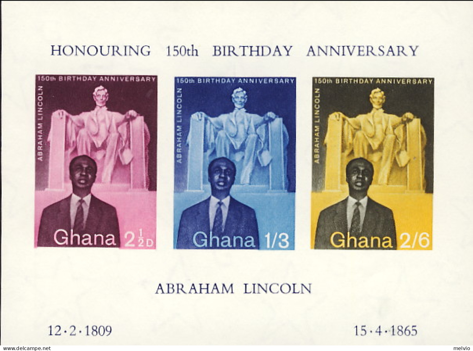 1959-Ghana (MNH=**) Foglietto 3v."150 Anniversario Del Pres. A.Lincoln"cat.Yvert - Ghana (1957-...)