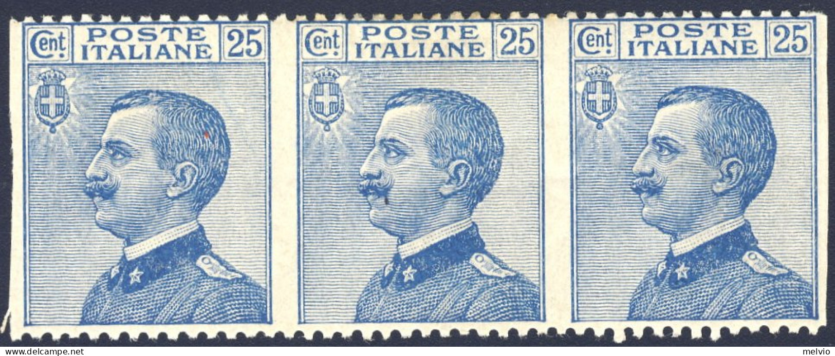 1908-Italia (MNH=**) Striscia Del 25c.Michetti Non Dentellato Verticalmente. L'e - Neufs