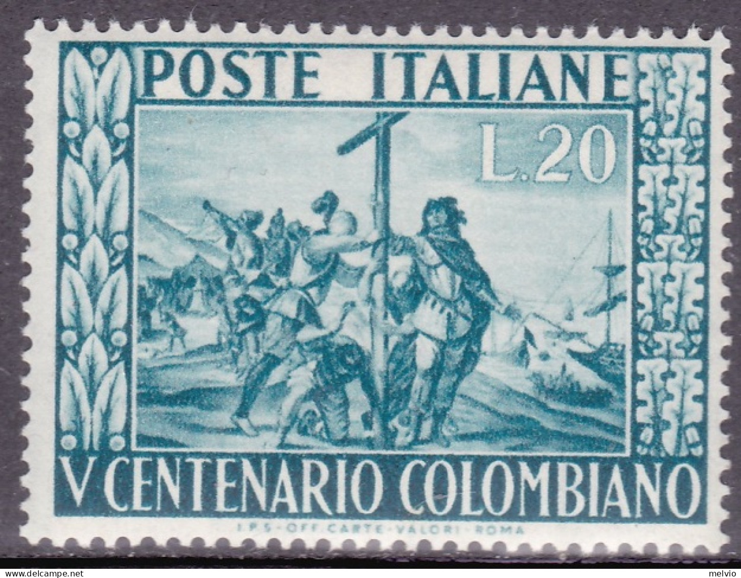 1951-Italia (MNH=**) L.20 "Colombo"ottima Centratura - 1946-60: Nieuw/plakker