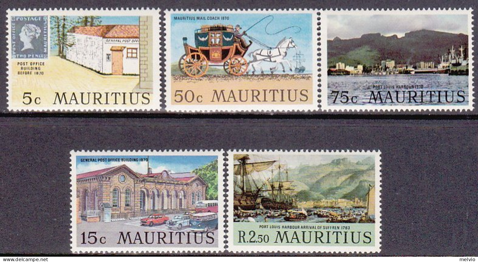 1970-Mauritius (MNH=**) S.5v."Port Louis,Old And New"cat.Stanley Gibbons L. 2.75 - Maurice (1968-...)