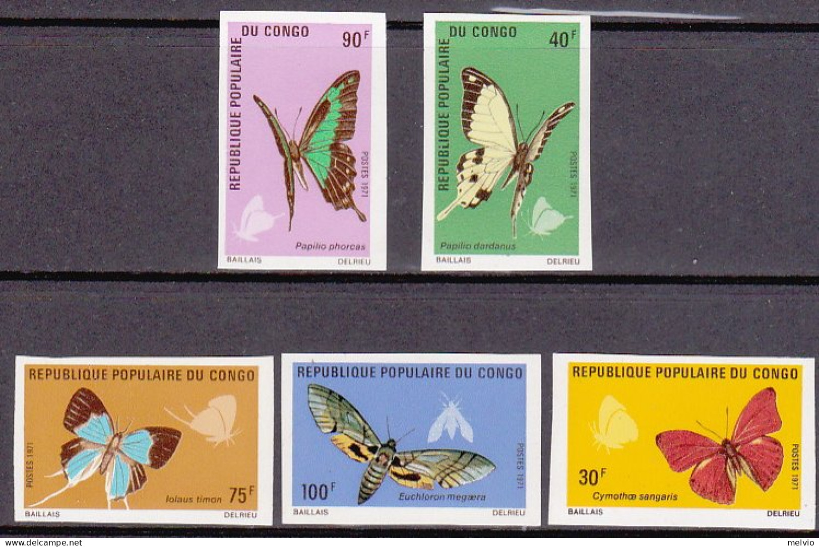 1971-Congo (MNH=**) S.5v.non Dentellati "farfalle" - Ungebraucht