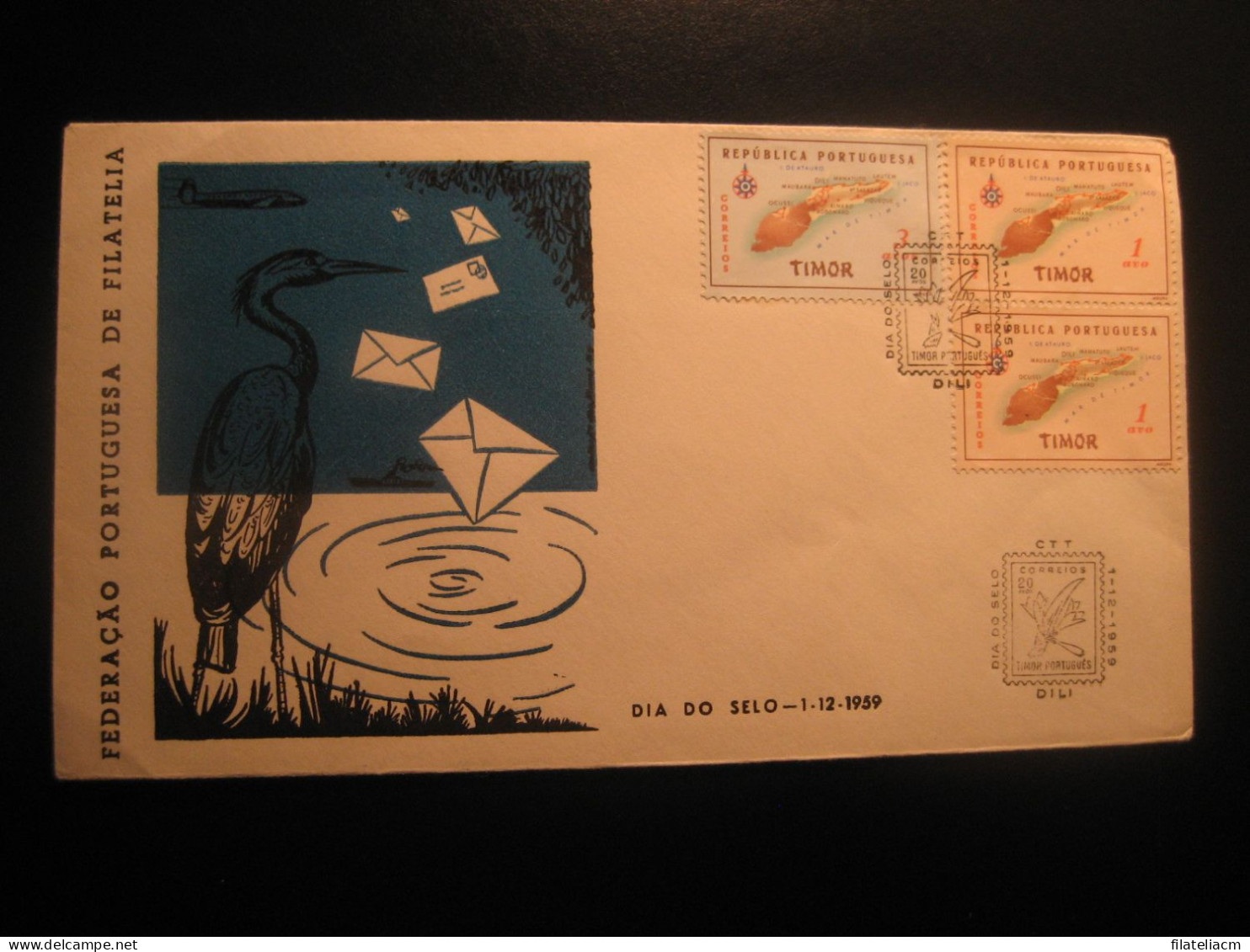 DILI 1959 Dia Do Selo Bruxelles Map Geography 3 Stamp Cancel Cover TIMOR Portuguese Colonies INDONESIA Portugal - Timor