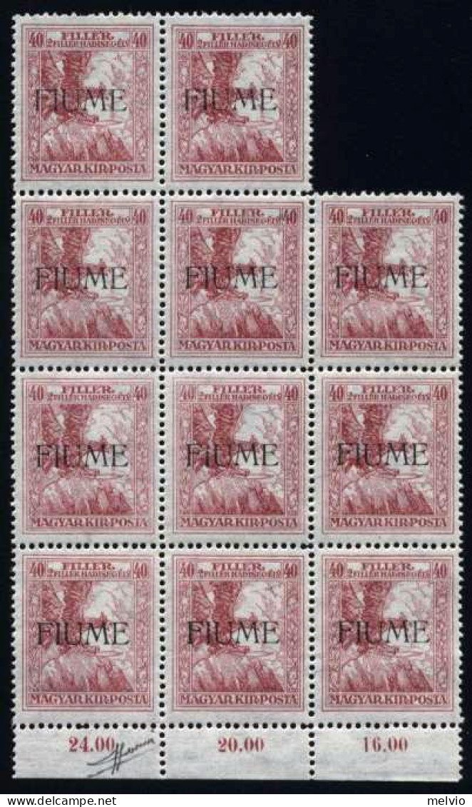 1918-Fiume (MNH=**) 40 F.carminio "Beneficenza"blocco Di 11 Esemplari Firmato So - Fiume