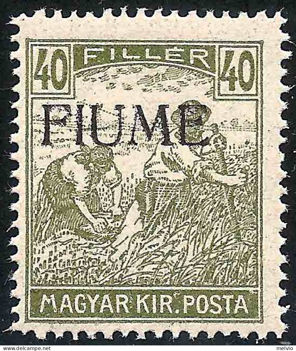 1918-Fiume (MNH=**) 40f.oliva "Mietitori"con Decalco Della Soprastampa Periziato - Fiume