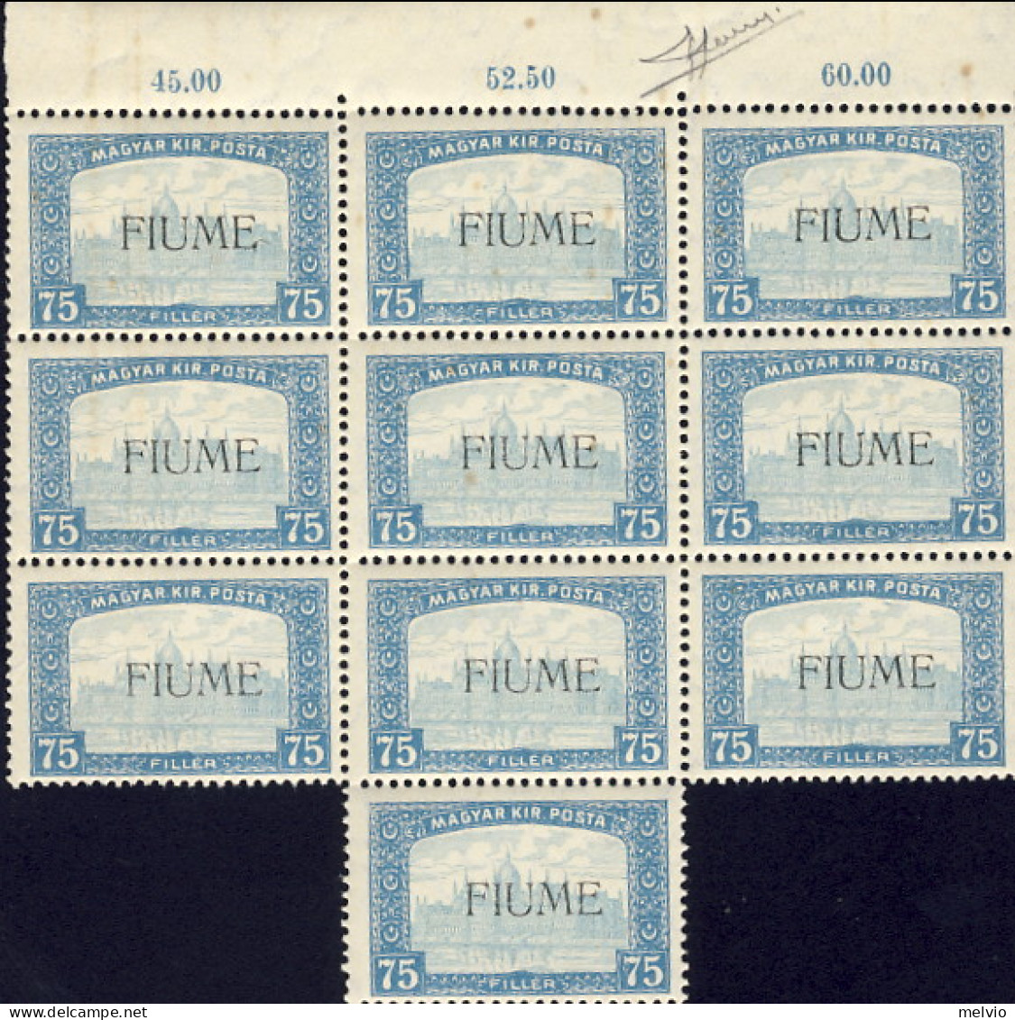 1918-Fiume (MNH=**) 75f.celeste E Celeste Chiaro "veduta"Blocco Di 10 Esemplari  - Fiume