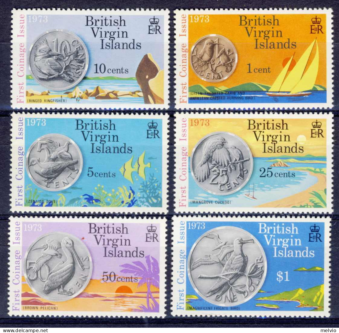 1973-Isole Vergini (MNH=**)s.6v."Coins And Beach Scenes" - Iles Vièrges Britanniques