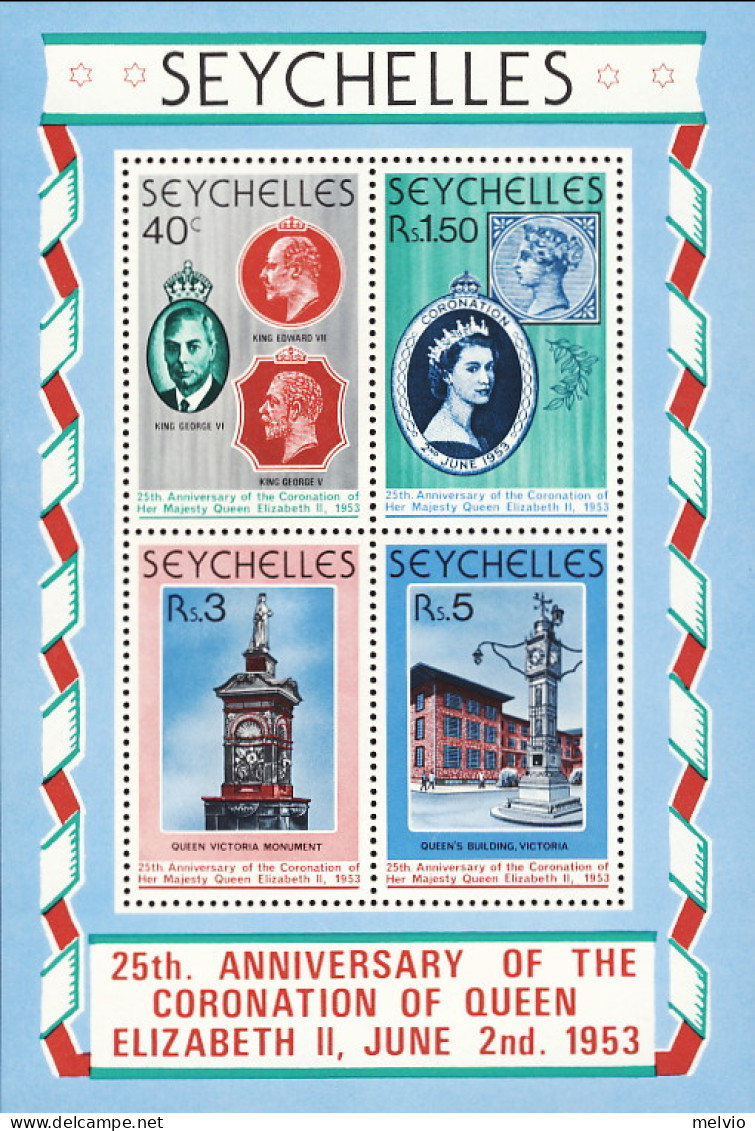 1978-Seychelles (MNH=**) Foglietto 4v."25anniversario Coronation" - Seychellen (...-1976)