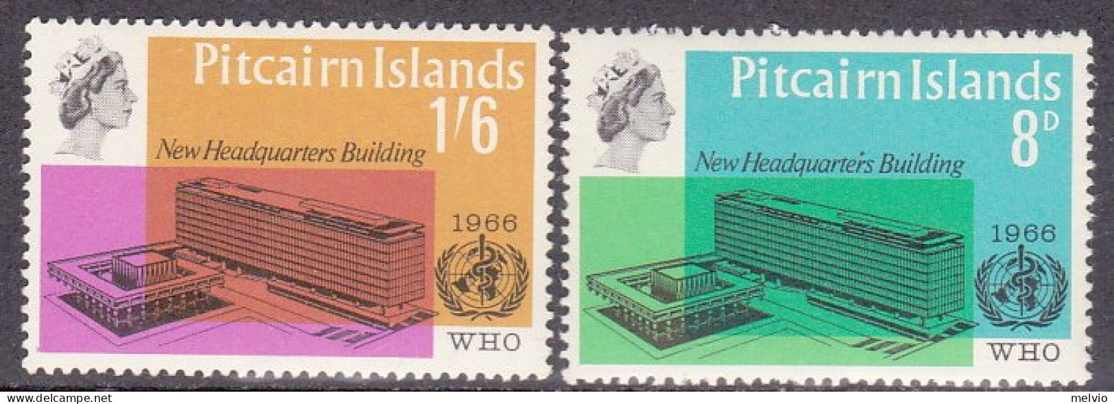 1966-Pitcairn Isole (MNH=**) S.2v."W.H.O.,edifici Di Ginevra" - Pitcairninsel