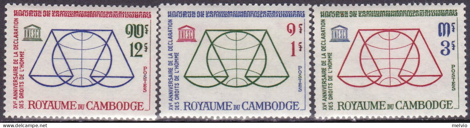 1964-Cambogia (MNH=**) S.3v."Dichiarazione Diritti Umani "catalogo Yvert Euro 2, - Cambodge