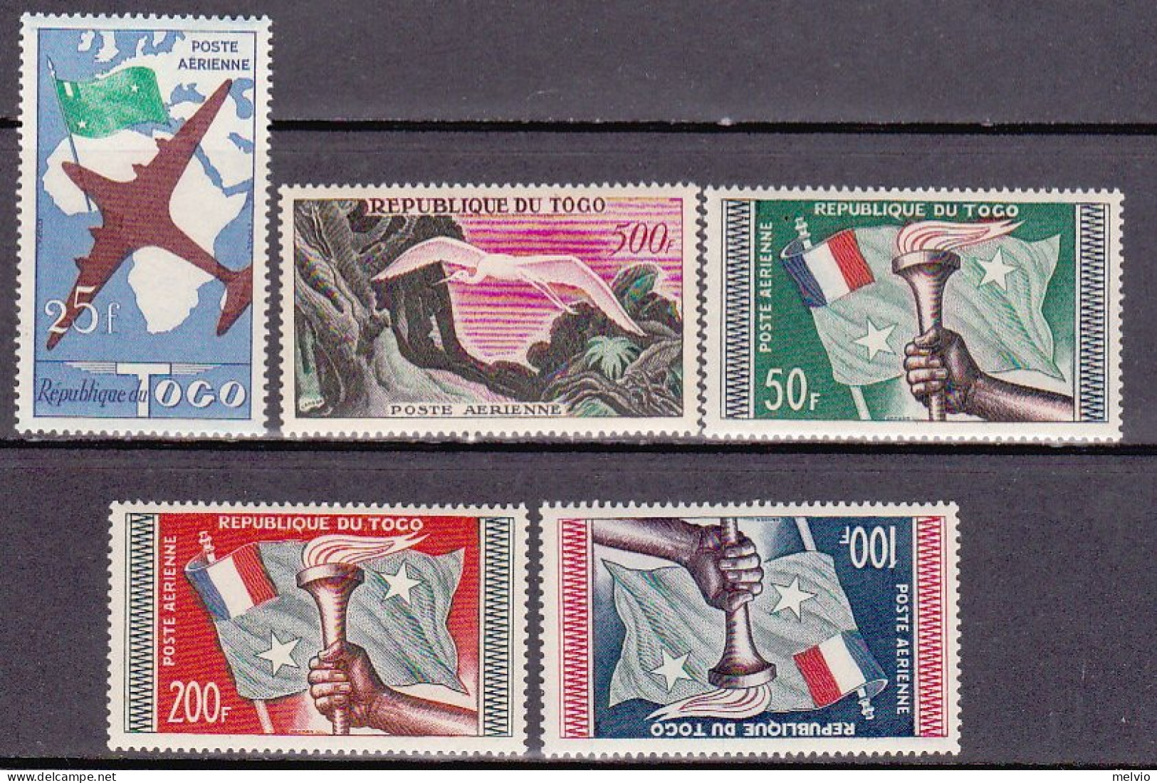 1959-Togo (MNH=**) Posta Aerea S.5v."Torcia,bandiera,aereo,uccello"cat.Yvert Eur - Togo (1960-...)