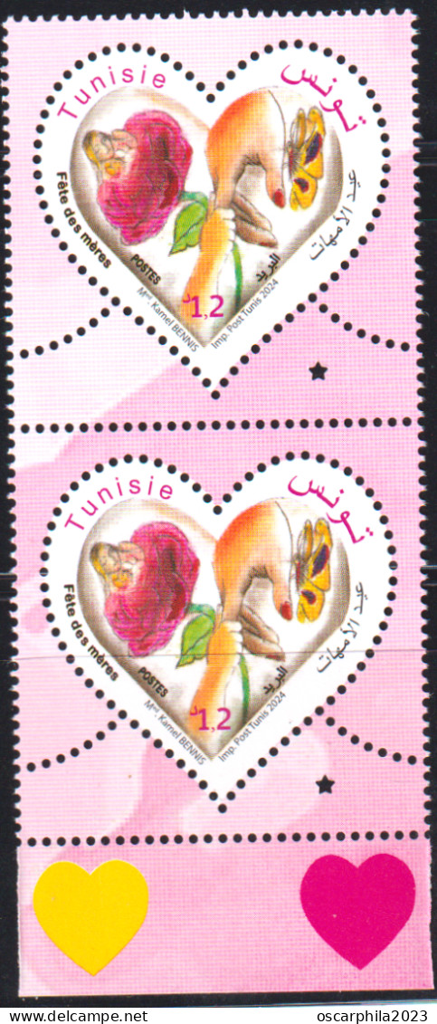 2024-Tunisie- Fête Des Mères -Femme- Enfant- Rose- Papillon- Mains- En Paire 2v   -.MNH****** - Fête Des Mères