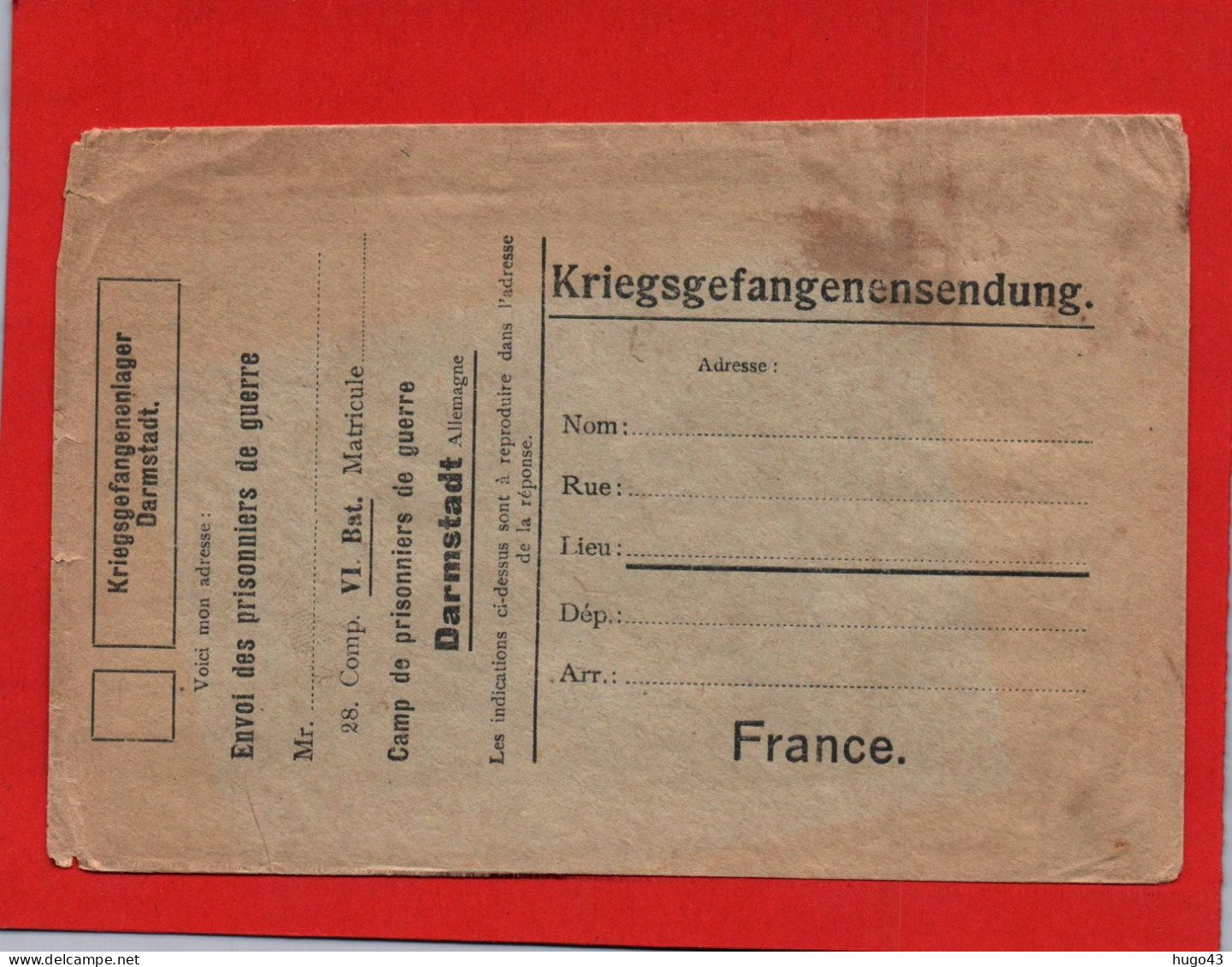 (RECTO / VERSO) ENVELOPPE CORRESPONDANCE PRISONNIERS DE GUERRE VIERGE - KRIEGSGEFANGENENLAGER DARMSTADT - Lettres & Documents