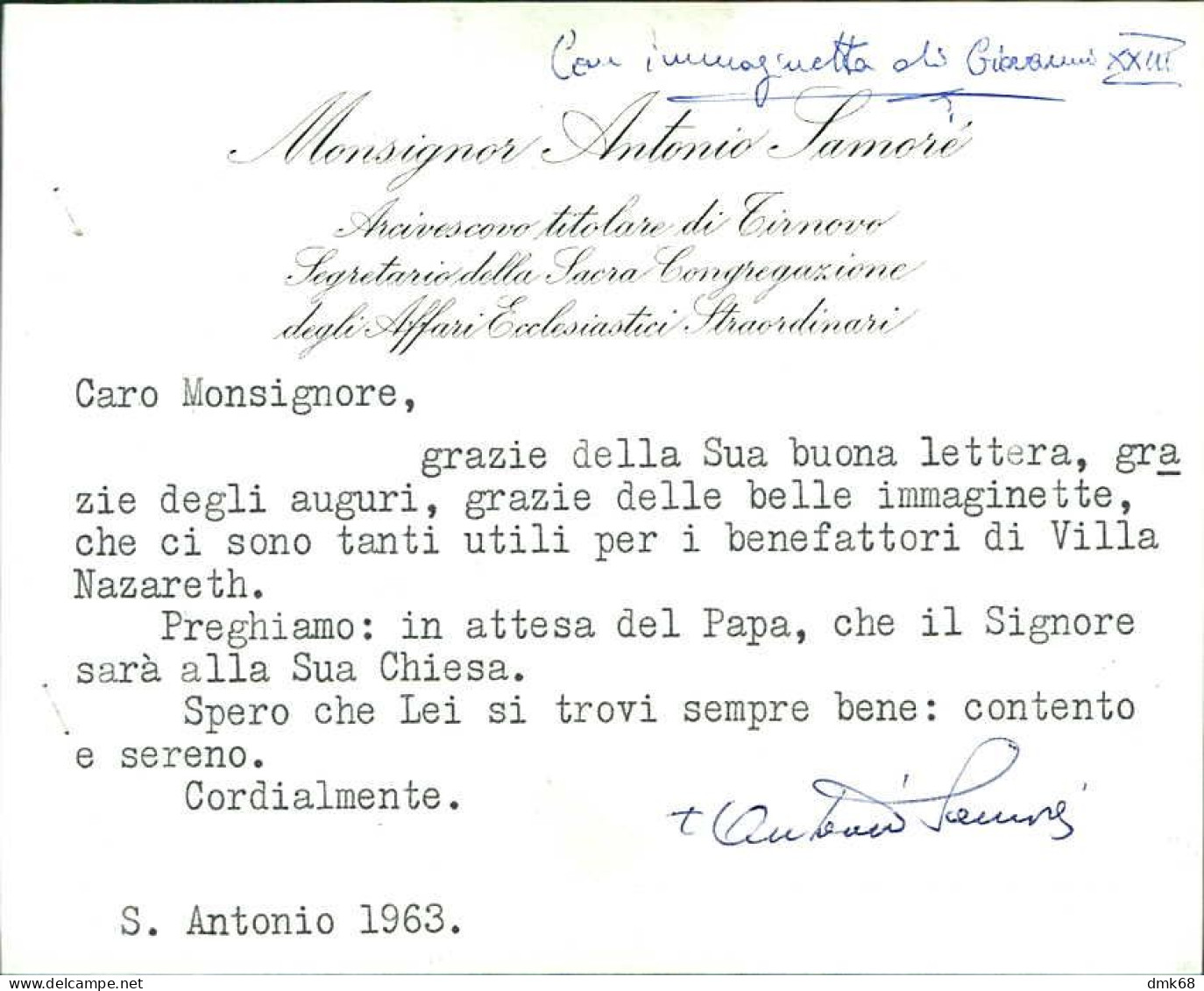 CARDINAL / CARDINALE ANTONIO SAMORE ( BARDI / PARMA 4/12/1905 ) BIGLIETTO INTESTATO CON AUTOGRAFO / AUTOGRAPH (20760) - Other & Unclassified