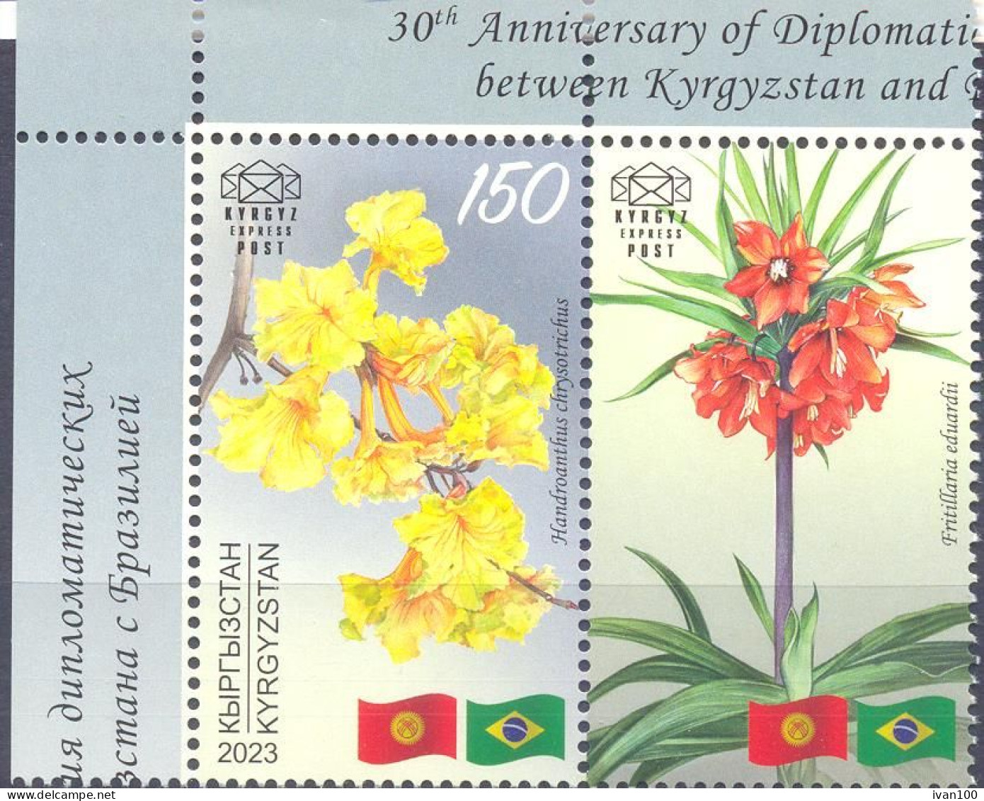 2024.Kyrgyzstan, 30y Of Diplomatic Relations With Brazil, Flowers,  1v With Label,  Mint/** - Kirghizistan