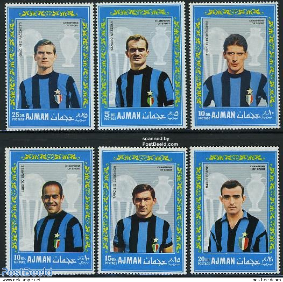 Ajman 1968 Football, Inter Milan Players 6v, Mint NH, Sport - Football - Adschman