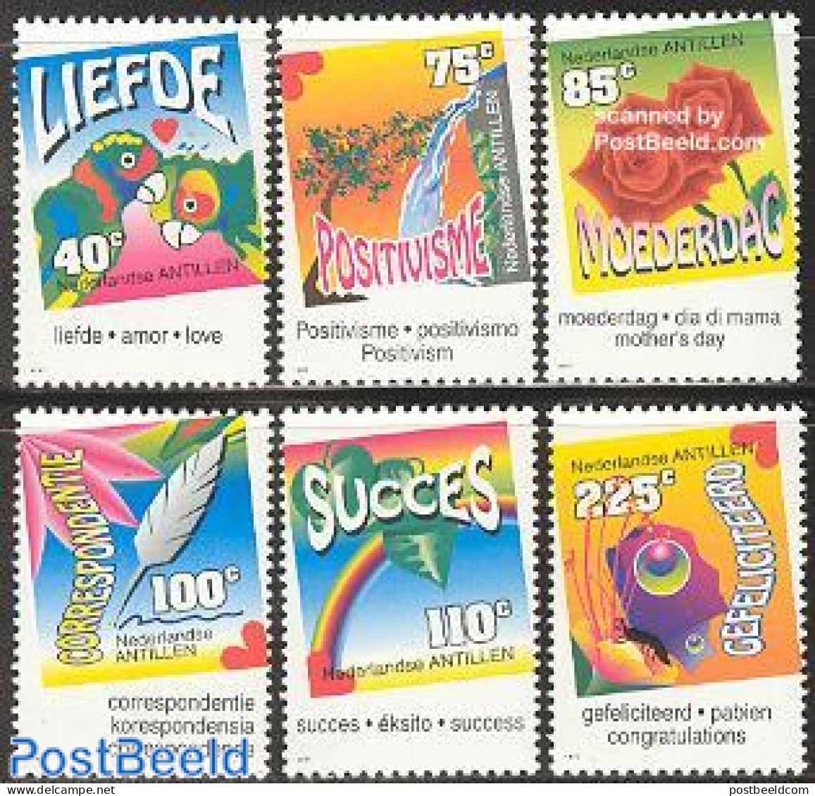 Netherlands Antilles 1997 Wishing Stamps 6v, Mint NH, Nature - Various - Cat Family - Parrots - Roses - Greetings & Wi.. - Autres & Non Classés