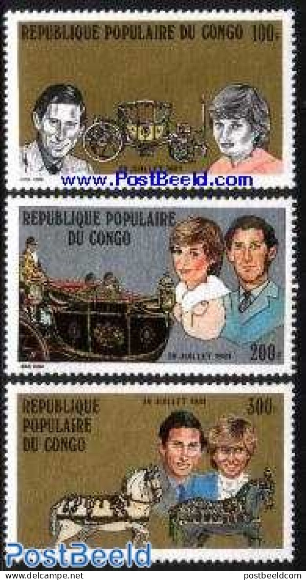 Congo Republic 1981 Charles & Diana Wedding 3v, Mint NH, History - Nature - Transport - Charles & Diana - Kings & Quee.. - Familles Royales