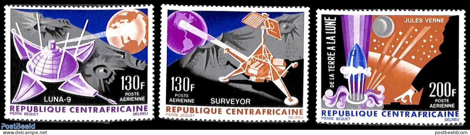 Central Africa 1966 The Moon 3v, Mint NH, Transport - Space Exploration - Art - Authors - Science Fiction - Ecrivains