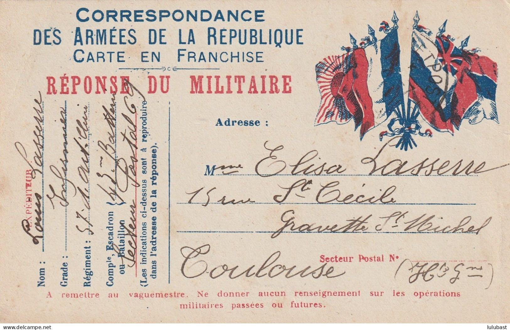 Carte Réponse Du Militaire - CP " Aux 6 Drapeaux " Pour Toulouse. - Guerre De 1914-18