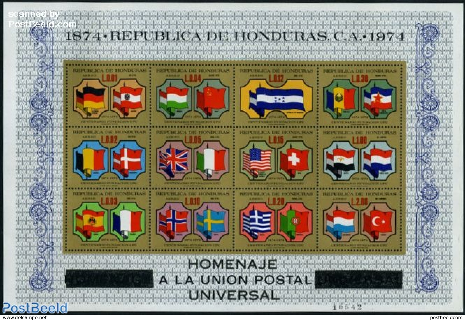 Honduras 1975 UPU Centenary 12v M/s, Mint NH, History - Flags - U.P.U. - U.P.U.