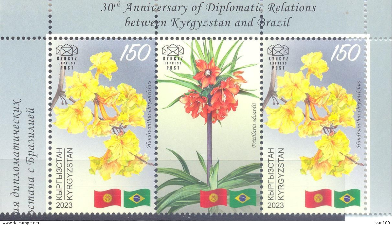 2024.Kyrgyzstan, 30y Of Diplomatic Relations With Brazil, Flowers,  2v With Label,  Mint/** - Kirghizistan